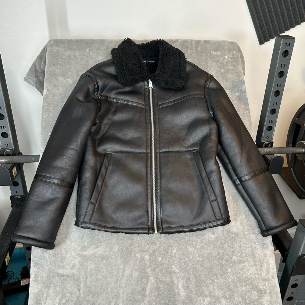 ZARA Biker Moto Jacket Coat Womens Faux Leather Fur Size M Color Black Aviator - Picture 1 of 16